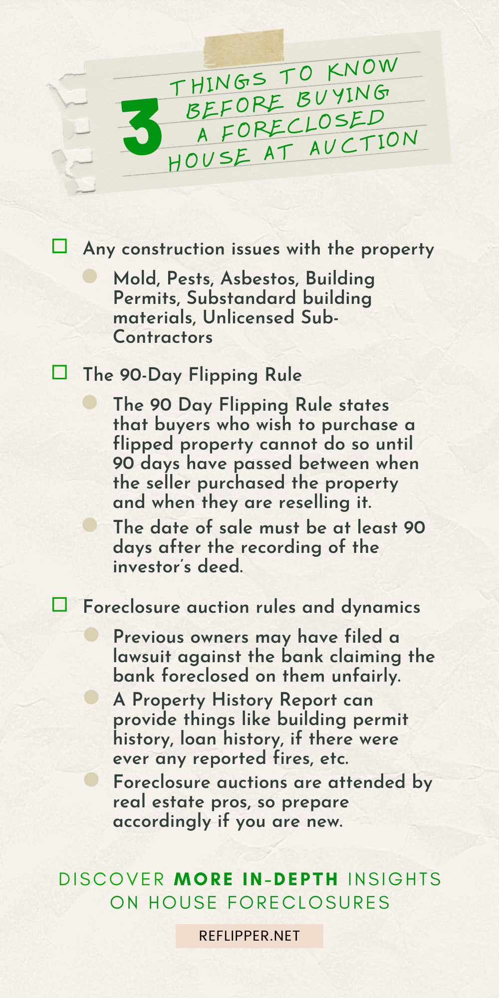 An infographic describing 3 things to know before buying a foreclosed house at auction.