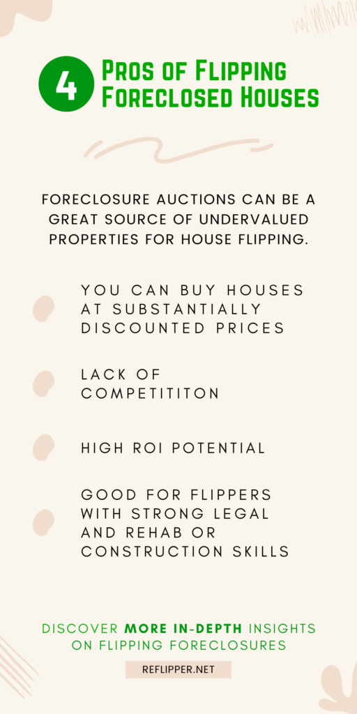An infographic describing 4 pros of flipping foreclosed houses.