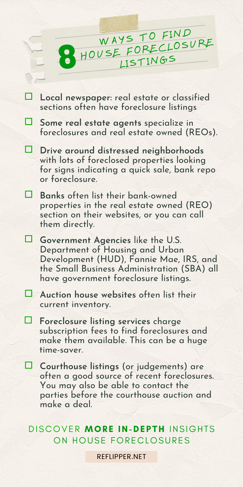 An infographic describing 8 ways to find house foreclosure listings.